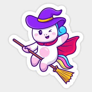 Cute Unicorn Witch Riding Magic Broom Sticker